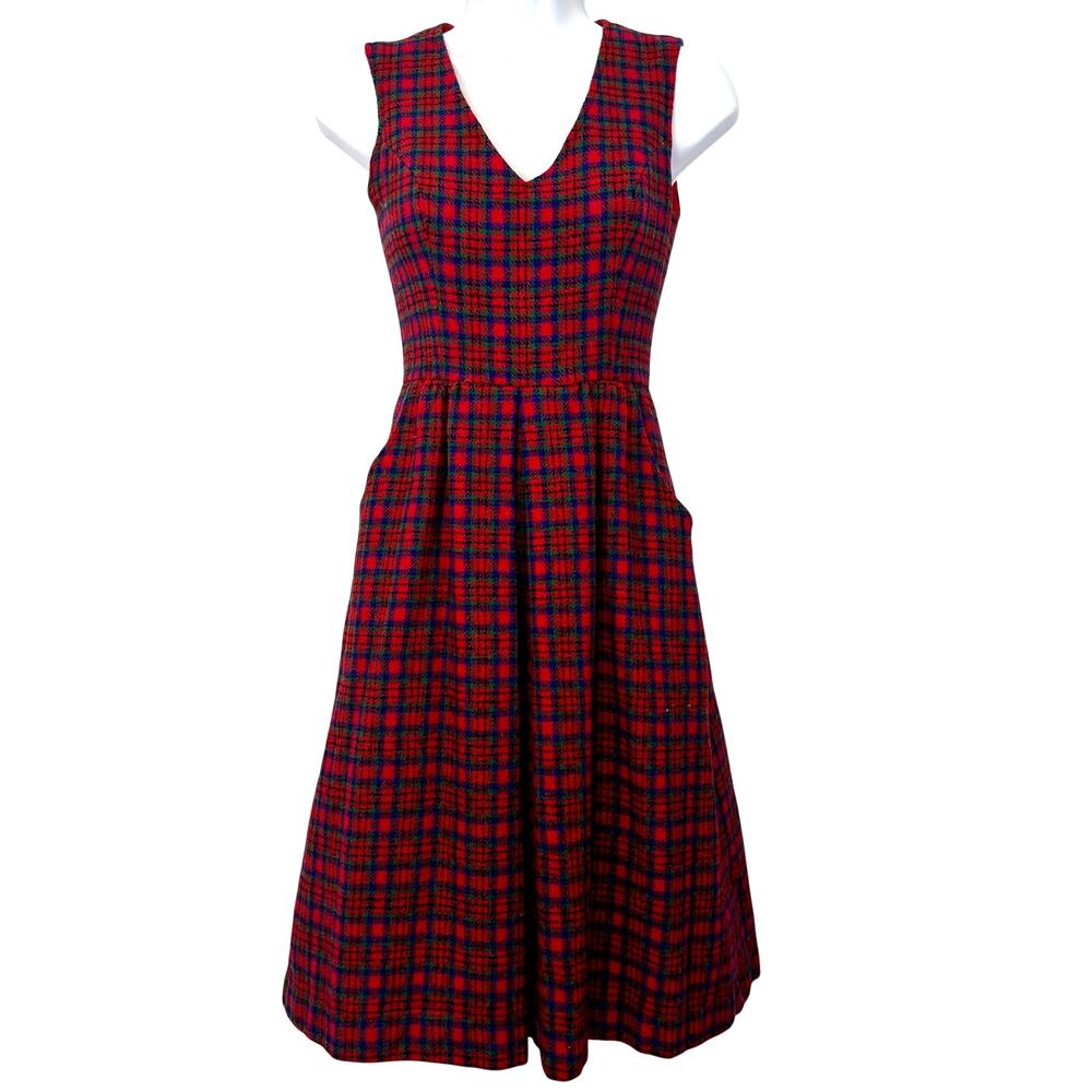 Vintage 1970s Lanz Originals Red Blue Plaid Wool Dress Sleeveless Pockets Midi